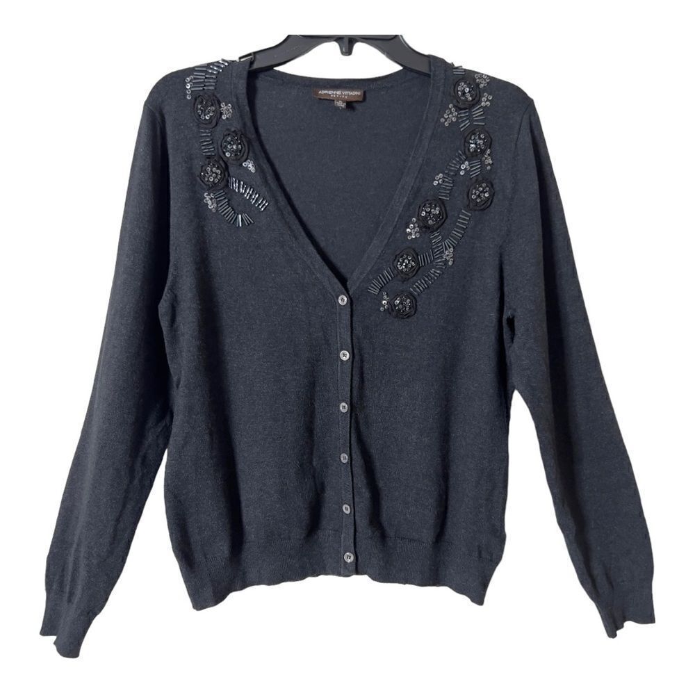 Adrienne Vittadini Silk Blend V-Neck Beaded Button Down Cardigan Sweater